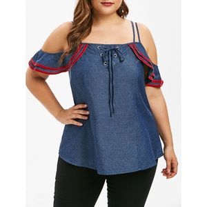 Plus Size Cold Shoulder Cami Shirt in Denim Blue